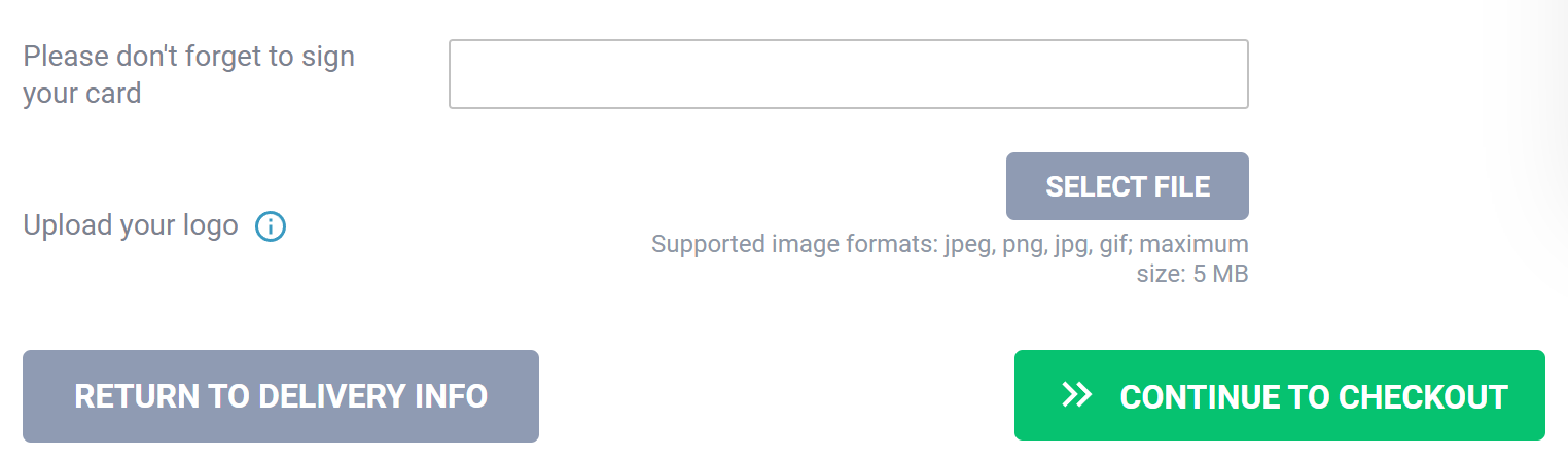 Screenshot of adding branded greeting cards to online orders.